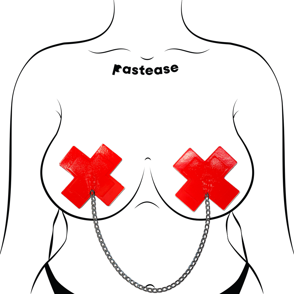 Pastease Red Faux Latex X Chain Nipple Pasties