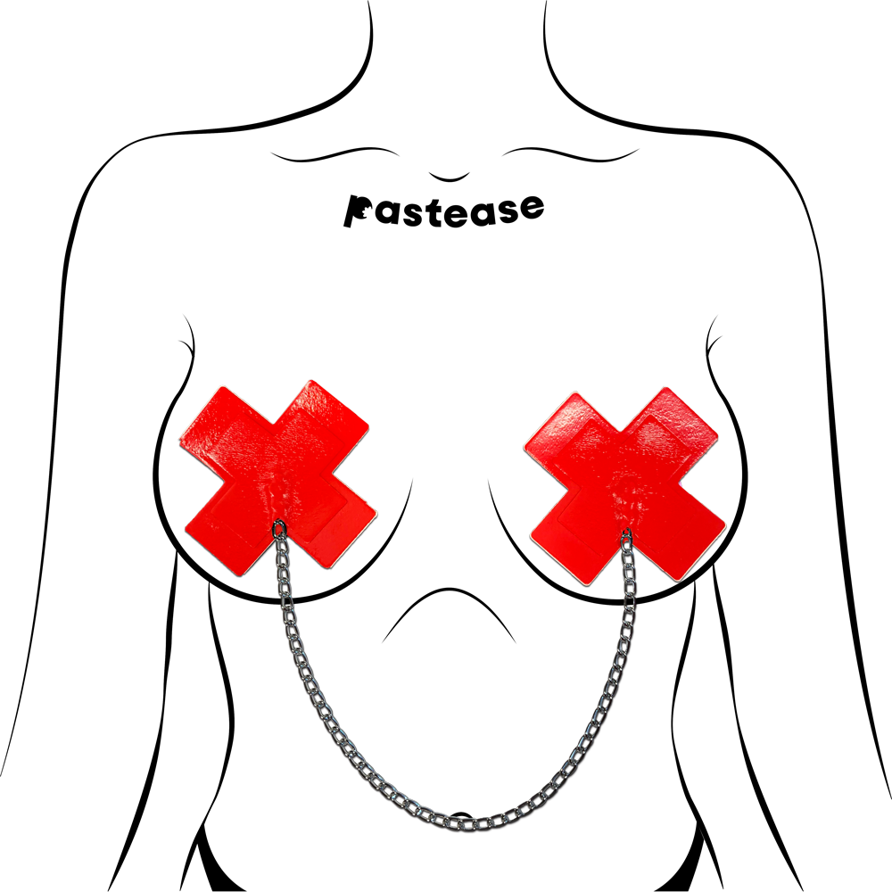 Red Faux Latex X Chain Nipple Pasties